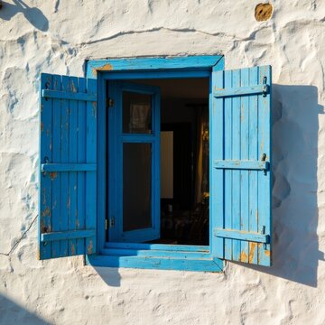 Blue Shutters on a White Mediterranean Wall
A vibrant and picturesque close-up of a window with bright, distressed blue wooden shutters opened wide. The weathered paint and rustic texture of the shutt