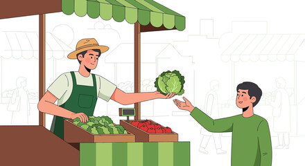 A vibrant farmers market scene showcasing fresh produce and community engagement in trade