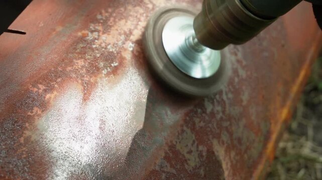 A worker removes rust and corrosion from a metal surface using a wire brush attachment on an electric drill