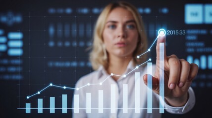 Stock market graph on a digital screen, pointing finger