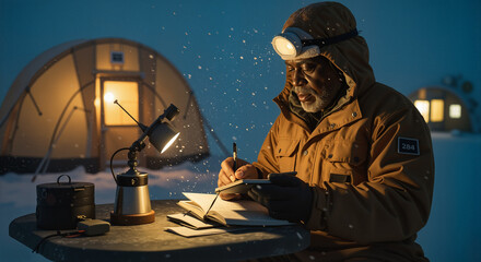 Black elderly man writing notes while sitting at table in snowy landscape - Concept of Life in remote workers' settlements  