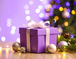 Purple gift box, Christmas lights, festive decor