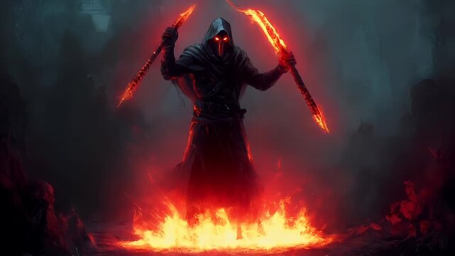 A dark, atmospheric digital artwork of a cloaked figure with glowing red eyes, holding a flaming staff. The figures attire is dark, with a hood obscuring their face, and the staff emits a bright.