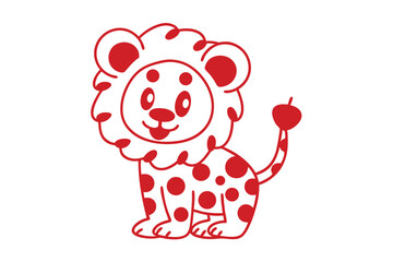 Cute lion cub with red polka dots and puffy mane poses on white background