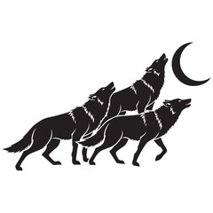 Three Black Wolf Silhouettes Howling at a Crescent Moon on a White Background
