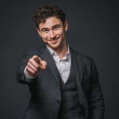 Professional confident businessman in modern black suit, one hand in pocket, pointing finger with charming smile, studio isolated executive portrait