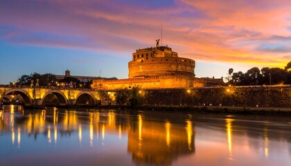 Obraz premium Ancient Roman ruins at sunset reflected in a river