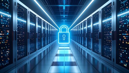 An illuminated padlock hovers above rows of server racks in a data center corridor, neon blue