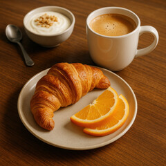 Coffee with croissant and orange slices on white plate