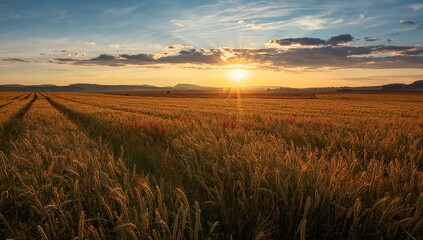 Endless Golden Wheat Fields Under Summer Sky With Rolling Hills and Wildflowers