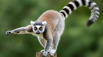 Ring-tailed lemur in a funny pose ready to jump. Primate from Madagascar balancing on a post with its striped tail up.