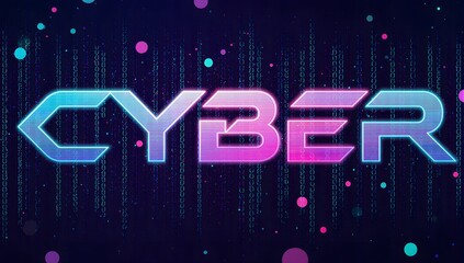 Word CYBER in angular neon blue and pink typography with chain-like binary background and glowing tech-inspired particle effects.