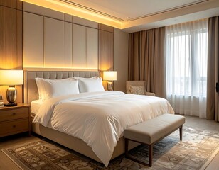 Luxurious hotel suite bedroom with plush bedding, ambient lighting, and elegant decor for ultimate comfort