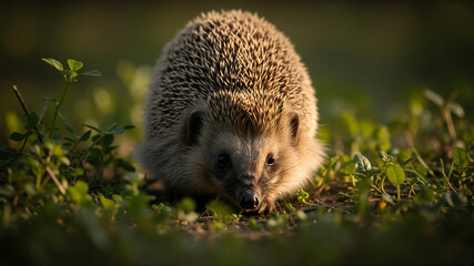 Fototapeta premium Cute European hedgehog in green grass at sunset. Close-up of a wild spiny mammal foraging in a meadow.