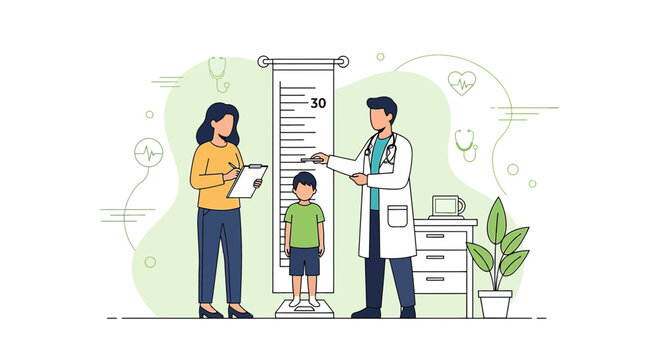 Doctor measuring child height with assistant, healthcare illustration for children's health check