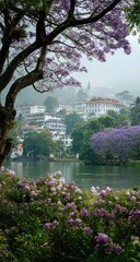 Misty lake town, purple blooms