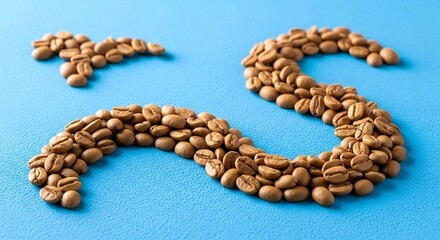 Obraz premium Coffee beans form an 'S' shape on a blue background. Key elements: coffee beans, S shape, blue. Atmosphere: simple. Concept: coffee theme. AI Generated
