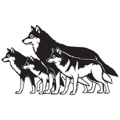 Stylized Black and White Wolf Pack Illustration on White Background