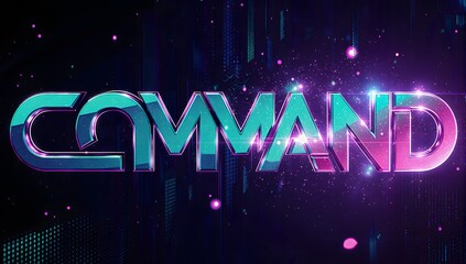Chrome‑style 'COMMAND' typography with teal and magenta highlights over starry tech particles, cinematic neon glow on dark backdrop, perfect for control systems branding, gaming banners,