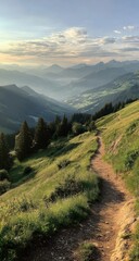 Mountain path winding through valley at dawn