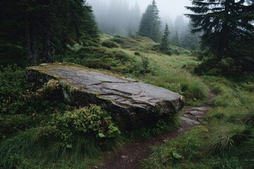 Misty mountain scene with large rock