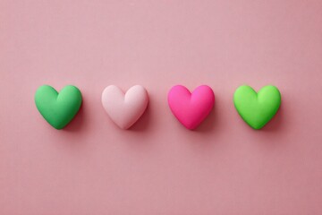 Four colorful hearts in a row on a pink background