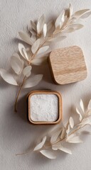 Light beige wooden box, open, with dried flowers