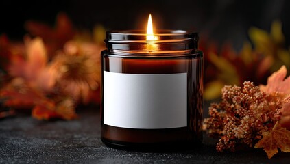 Autumn candle in amber glass jar