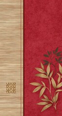 Vertical design with warm tones.  Red background, light beige wood-grain panel, gold accents