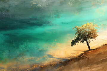 A single tree standing alone in an open landscape. Colorful painting.