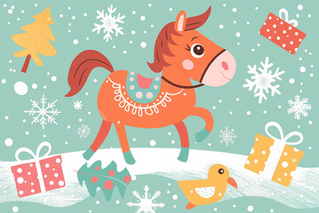 Fototapeta premium Cute cartoon horse and holiday gifts in a snowy winter setting
