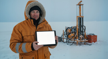White male field scientist in insulated jacket holding tablet in snow