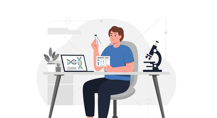 Illustration of a man conducting a genetic test at his desk with microscope and laptop setup for a