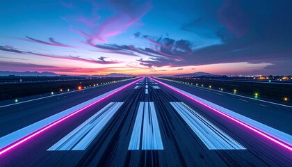 An illuminated runway stretches into a vibrant sunset sky, with runway lights glowing