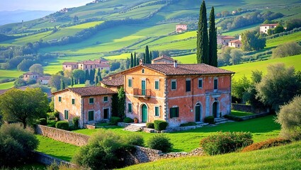 Typical Tuscan landscape with rolling hills, cypress trees, and an old rustic Italian farmhouse. Picturesque countryside scenery with vineyards and olive trees under a warm Mediterranean light