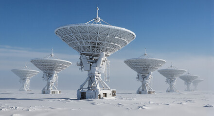 Satellite dishes on an Arctic expedition in snowy landscape - Concept of Life in remote workers' settlements