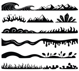 Diverse Artistic Borders: A collection of monochrome borders showcasing natural elements. The art style incorporates waves, mountains, clouds, a river, flames, and flora.