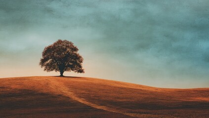 Solitary tree atop a golden hill under a muted sky