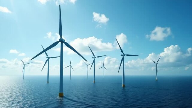 A scenic view of offshore wind turbines against a blue sky and calm sea. The image highlights renewable energy sources and their role in sustainable development.