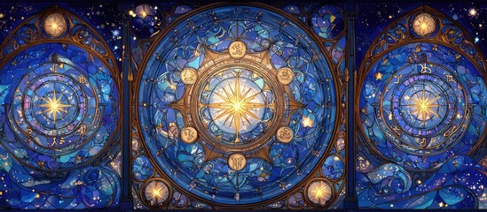 Stained glass celestial design with multiple circles