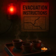 Emergency Shelter Still Life Featuring Hot Drinks and Evacuation Instructions