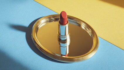 Red lipstick on gold tray, vibrant colors