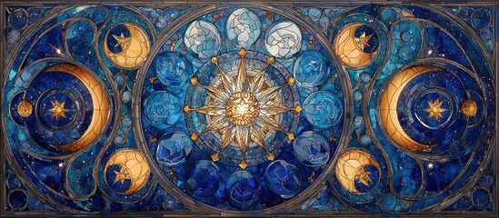 Cosmic stained glass design, sun, moon, stars in deep blues and golds