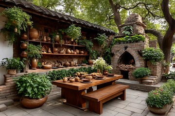 Outdoor cooking space with fireplace setup high resolution picture