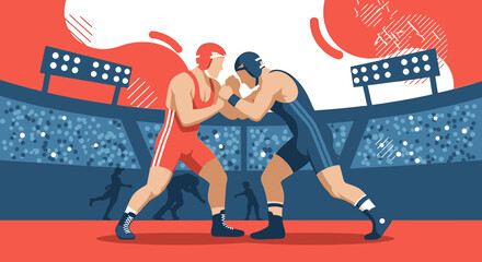 Intense wrestling match in a packed stadium showcasing athletic competition and sportsmanship