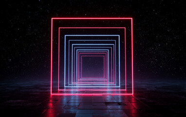 Neon-lit square frames forming a futuristic tunnel in a starry background