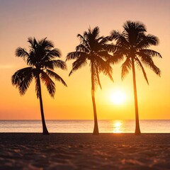 Silhouetted palm trees at sunset over beach