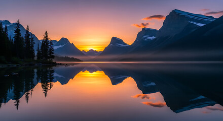 Breathtaking sunrise over mountain lake creates serene and tranquil nature scene with reflections