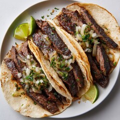 Savory tacos filled with tender, juicy steak and fresh toppings, served on a white plate with lime wedges. A culinary delight, perfectly presented. top view, white background