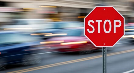 A Vivid Red Stop Sign Stands Firm Against the Rushing Blur of City Life.